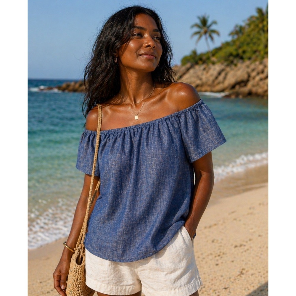 Joie 100% Linen Off Shoulder Flowy Top XS Blue‎ Concert Cottagecore Coastal Boho